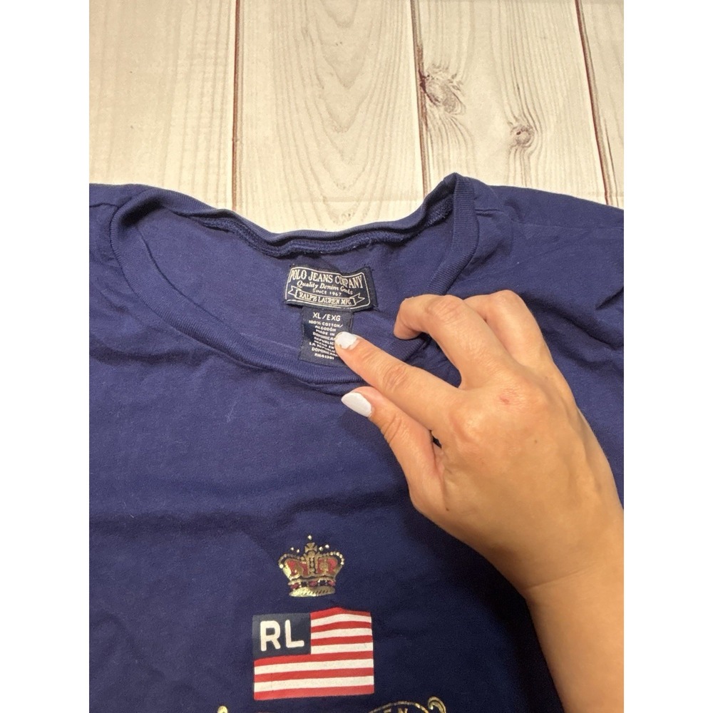 Polo Jeans Company Ralph Lauren Women's Navy Tshirt Fitted XL 100% Cotton Flag - Picture 2 of 5
